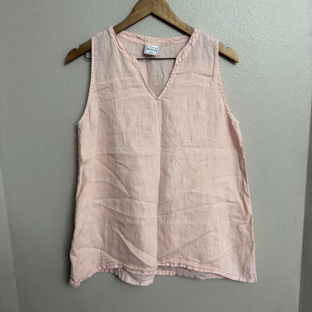 Pure Match Linen Tank Top Medium Pink Sleeveless V-Neck Lagenlook USA Made